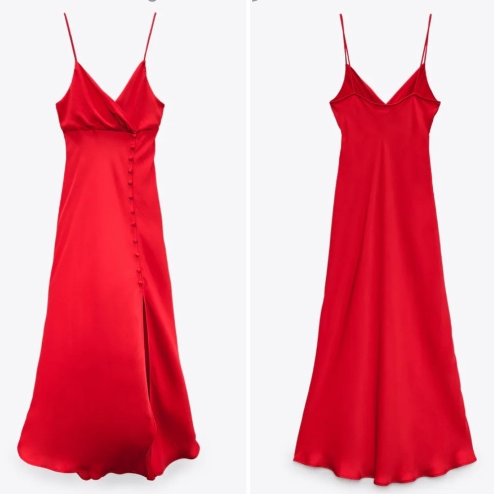 Zara Satin Effect Slip Dress Red Midi Slit